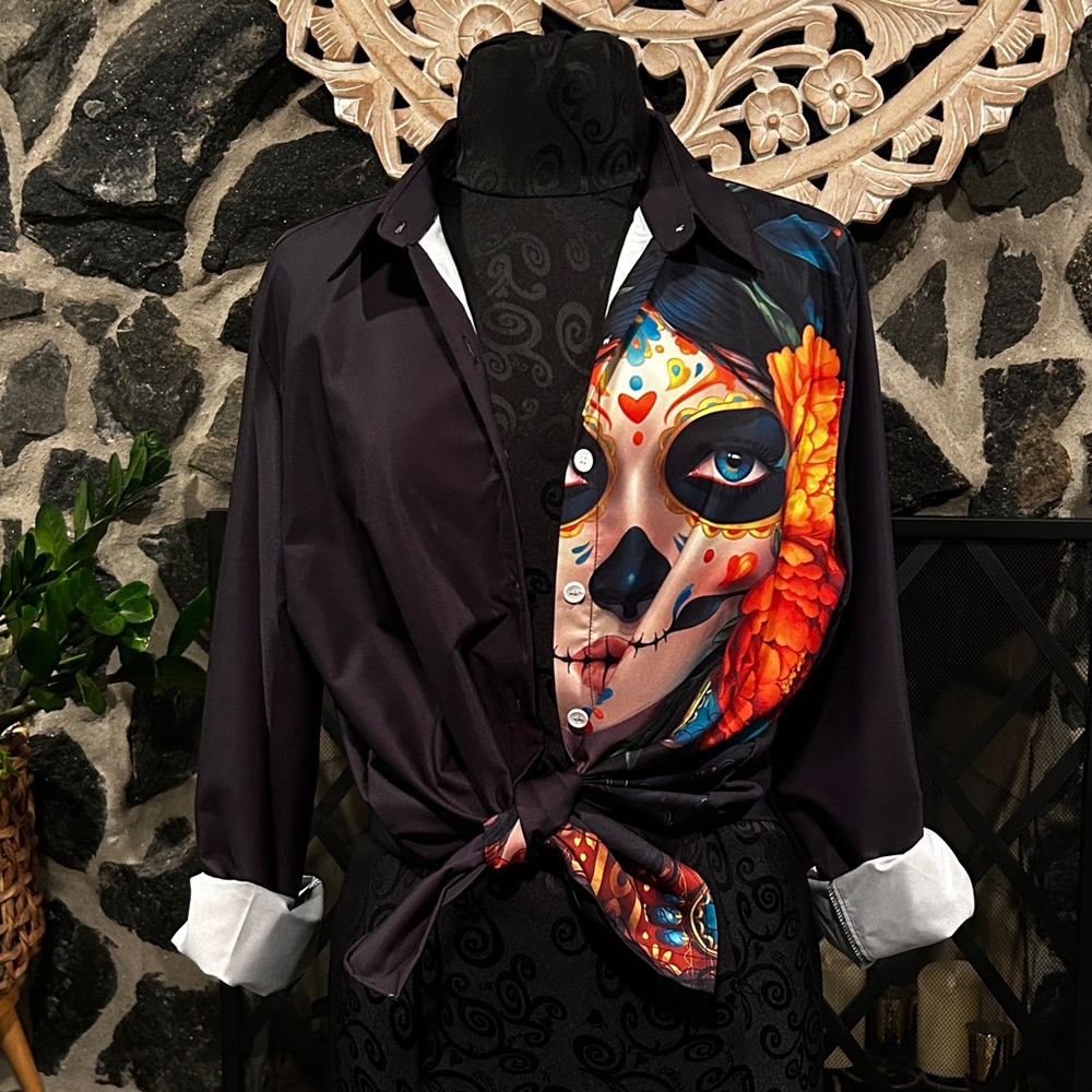 Sugar Skull Floral “Day of the Dead” Button-Down Shirt